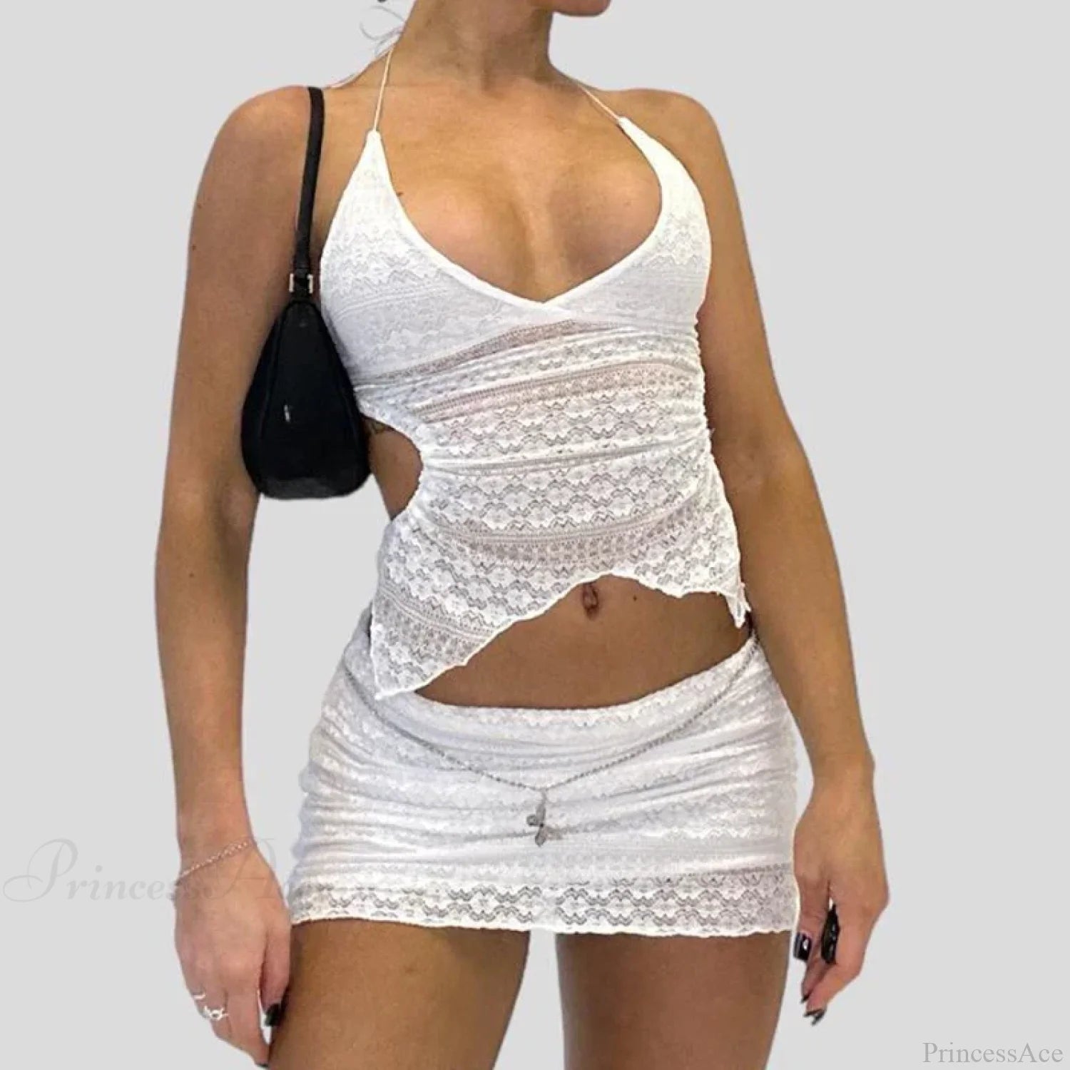 Chic V Neck Halter Tie-Up Bandage Crop Top Mini Pencil Skirt Two Pieces Set WHITE / S twopiecesset-250126