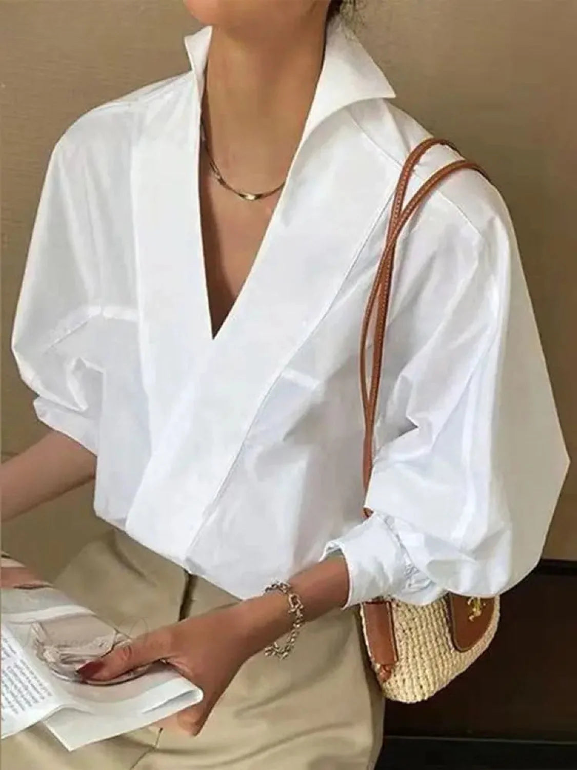 Chic V Neck Puff Sleeve White Blouse White / S blouse-250126