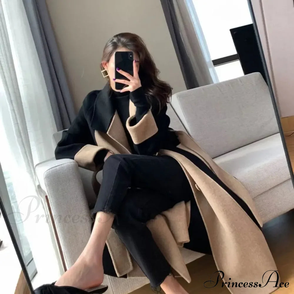 Chic Woolen Patchwork Double-Breasted Anti-Wrinkle Lapel Winter High Sense Stylish Coat Coats-L