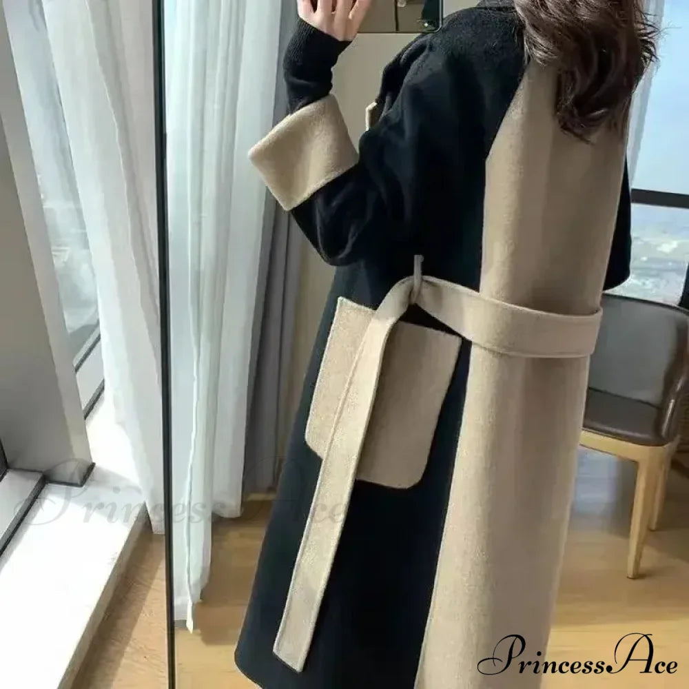 Chic Woolen Patchwork Double-Breasted Anti-Wrinkle Lapel Winter High Sense Stylish Coat Coats-L