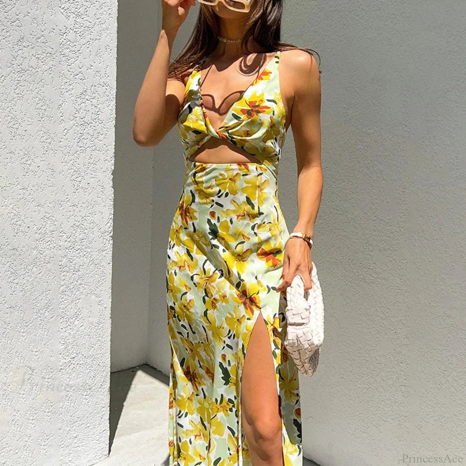 Chic Yellow Flowers Print Twist Knot Cutout Midi Floral Dress floraldress-250126