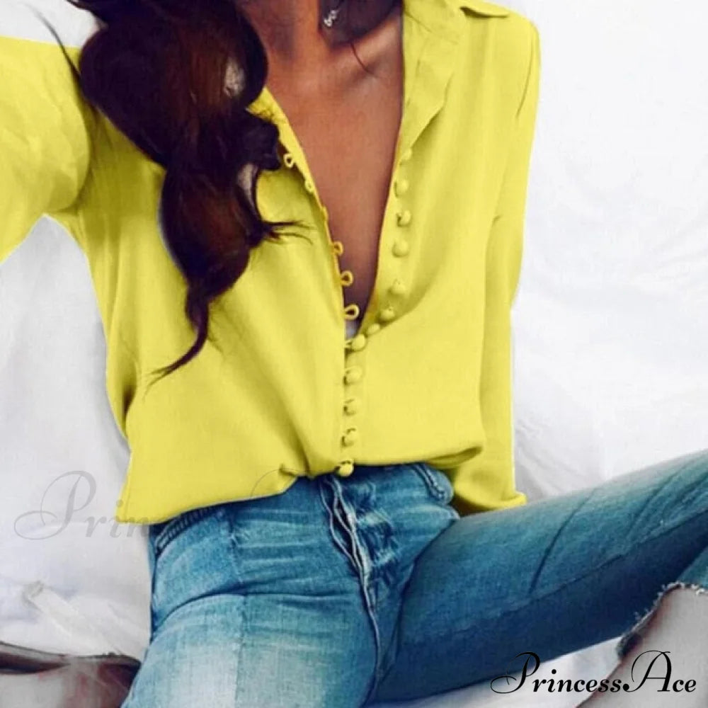 Chiffon Arm Blouse Ladies Top In Solid Casual - With Women Long Buttons Office Color Spring White L