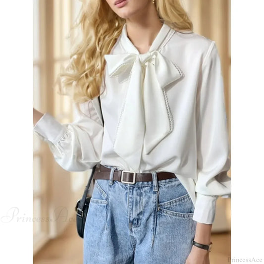 Chiffon Bow Long Sleeve Office Blouse blouse-250126
