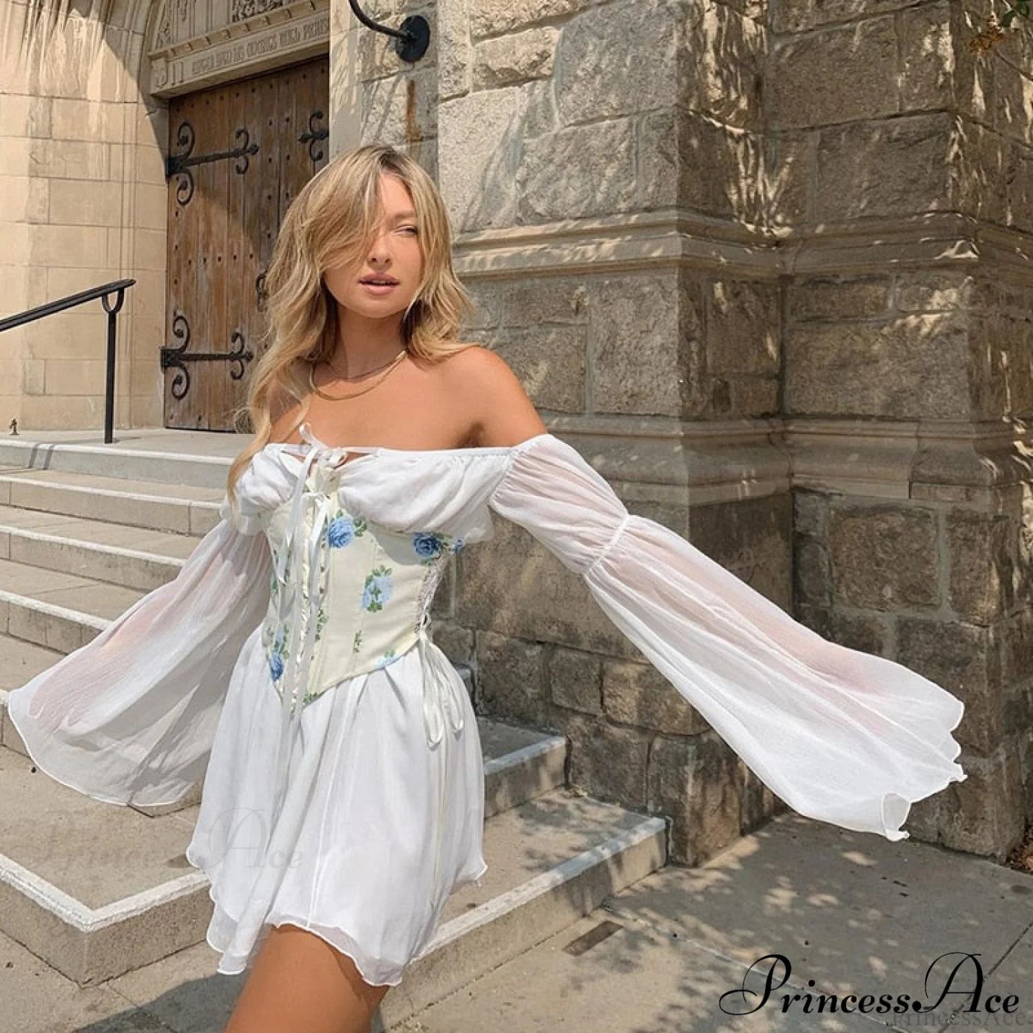 Chiffon Detachable Corset Charming Puff Sleeve Mini Dresses Dress
