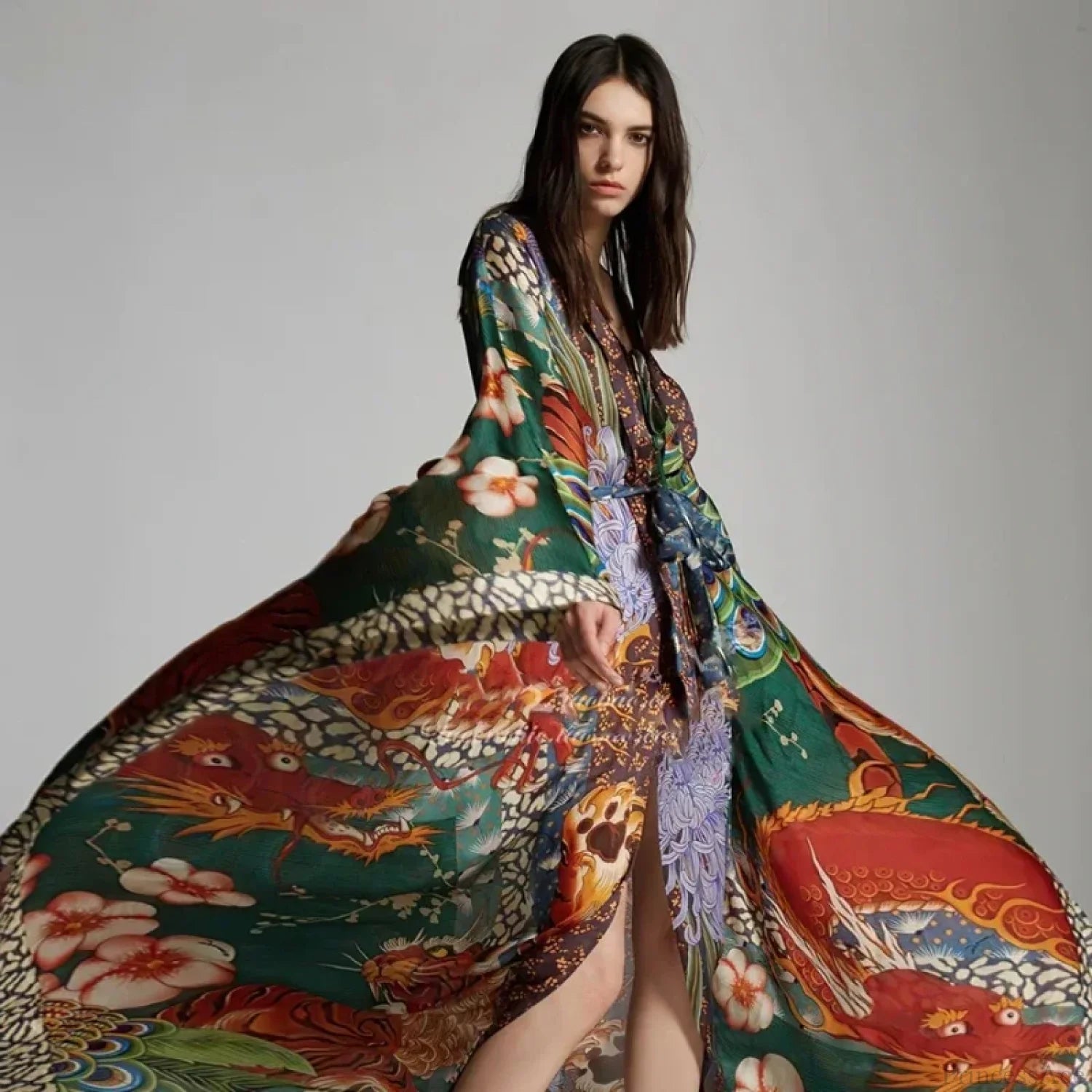 Chiffon Ethnic Peacock Pattern Long Cardigan Boho Cover up MULTI / One Size bohocoverup-250126