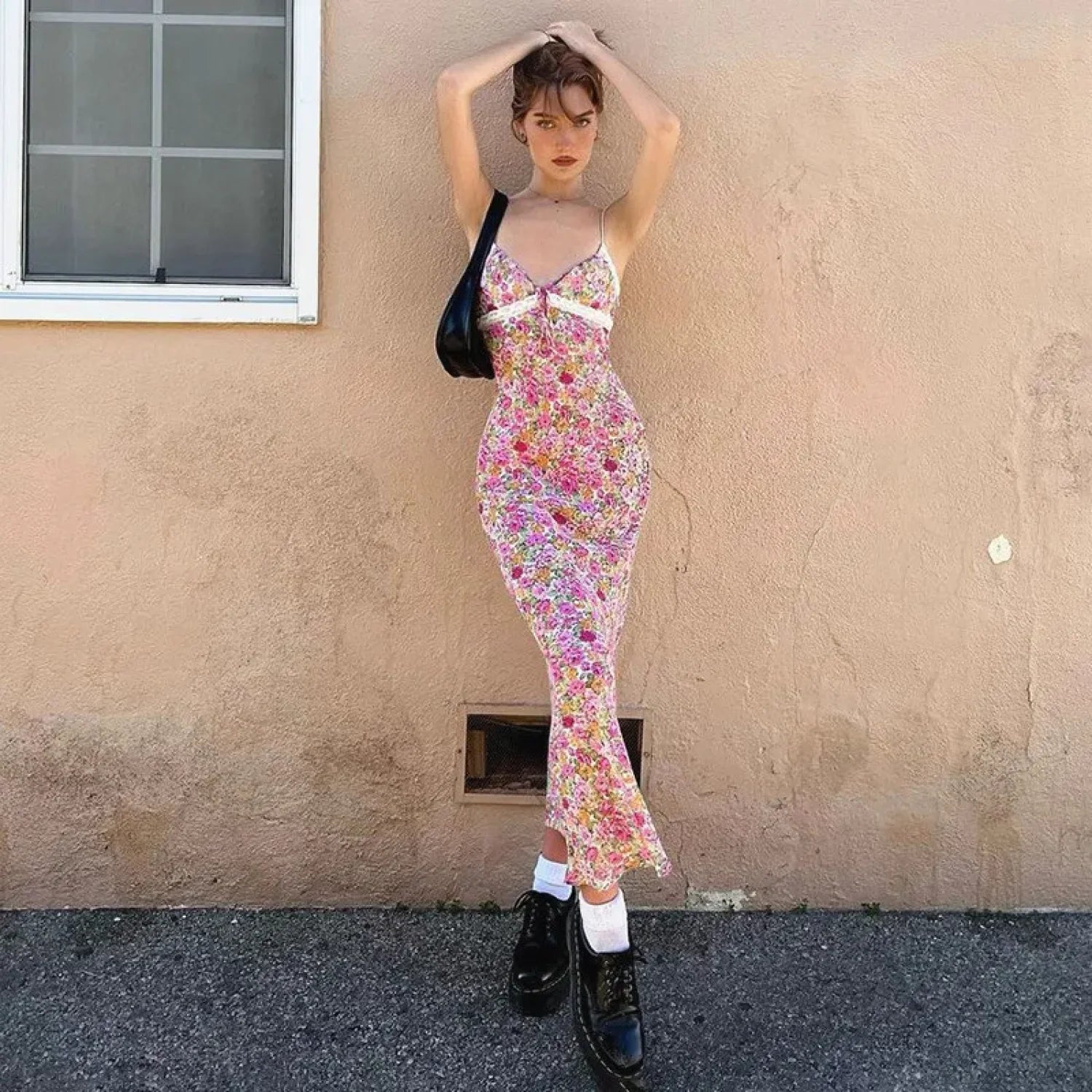 Chiffon Floral Lace Strap Boho Dress bohodress-250126