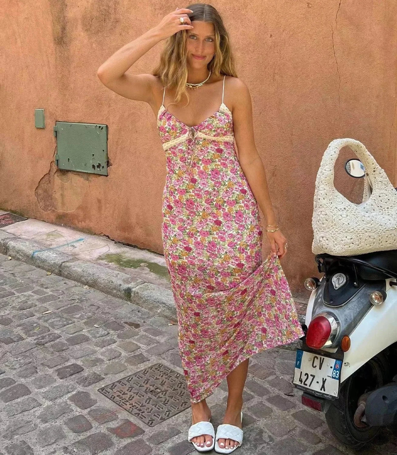 Chiffon Floral Lace Strap Boho Dress bohodress-250126