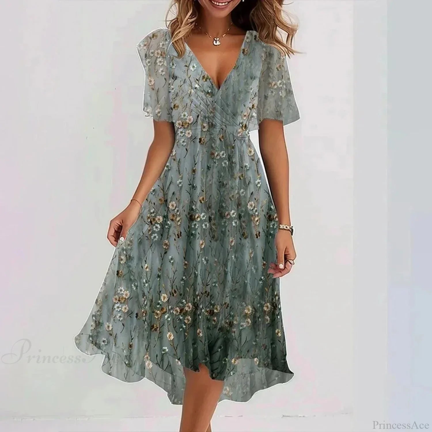 Chiffon Floral Print V-neck Dress GRADIENT DARK GREEN / S oldfloraldress-250126