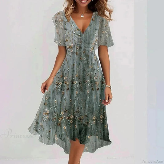 Chiffon Floral Print V-neck Dress GRADIENT DARK GREEN / S oldfloraldress-250126