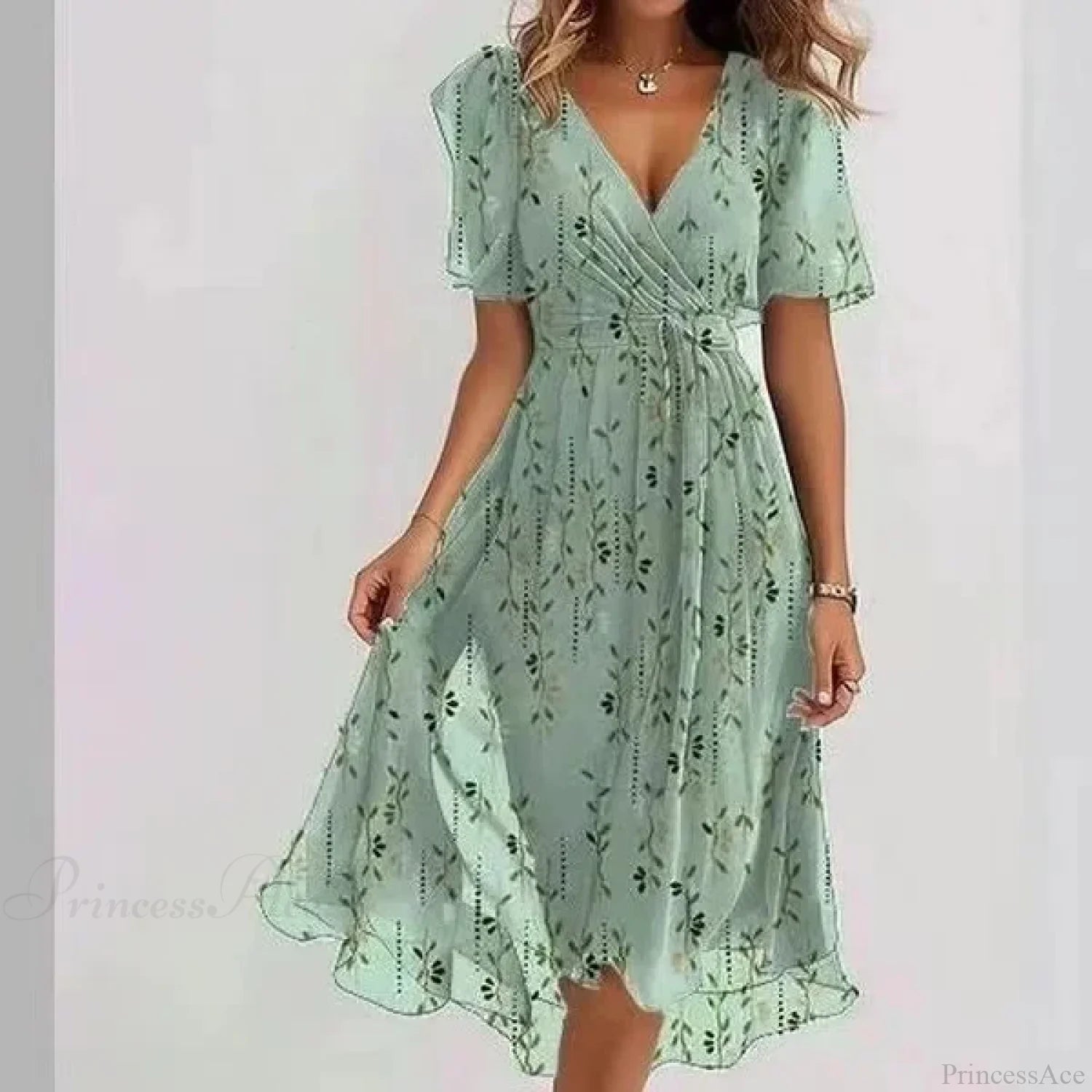 Chiffon Floral Print V-neck Dress LIGHT GREEN BAMBOO / S oldfloraldress-250126