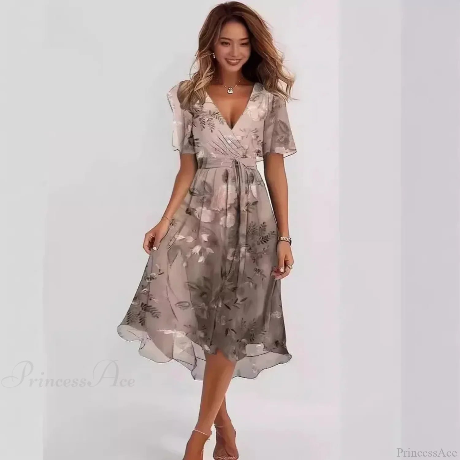 Chiffon Floral Print V-neck Dress oldfloraldress-250126