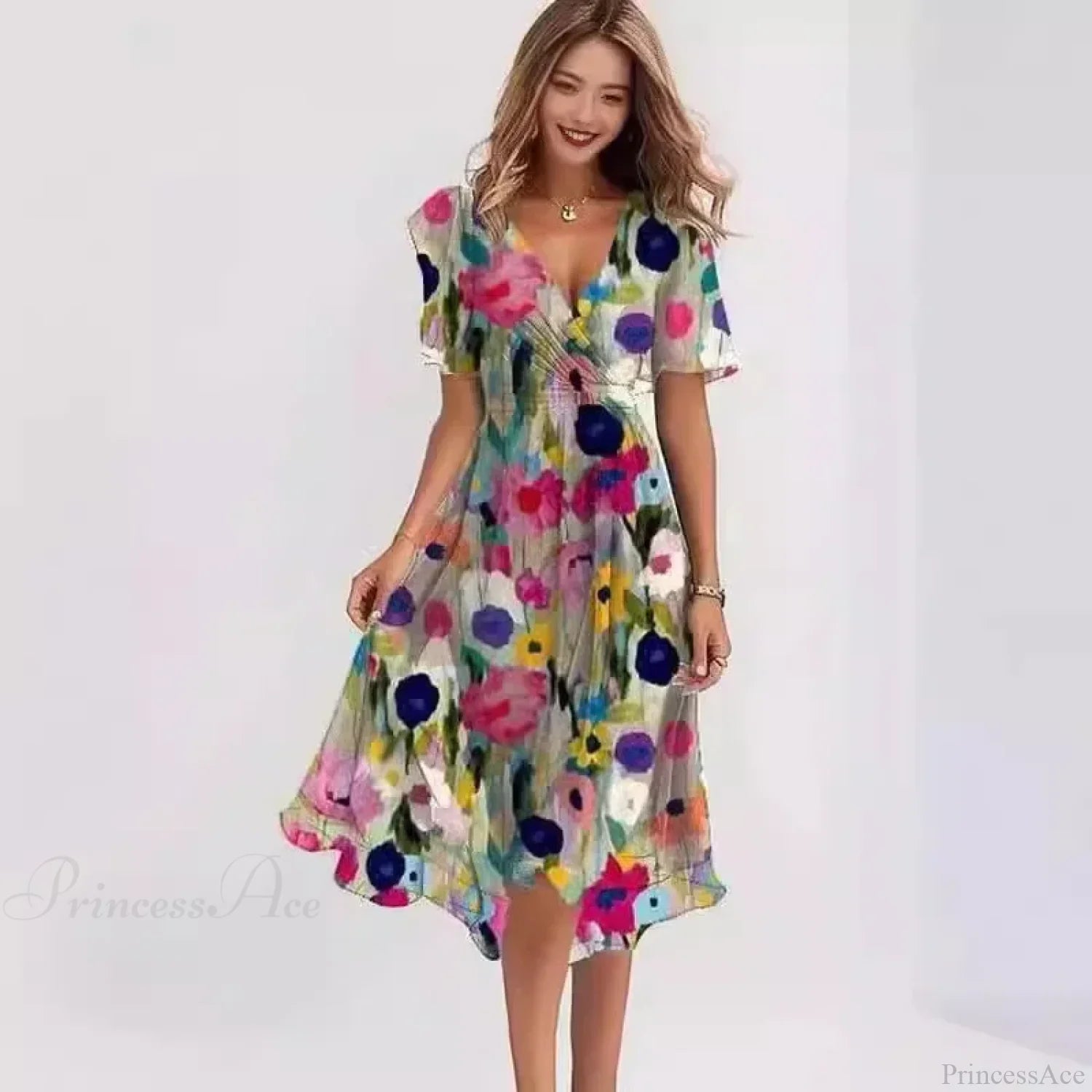 Chiffon Floral Print V-neck Dress oldfloraldress-250126