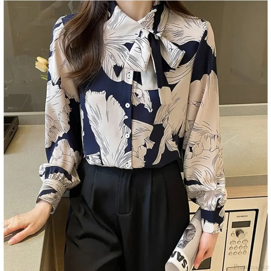 Chiffon Flower Button Up Long Sleeve Blouse Blue / S blouse-250126
