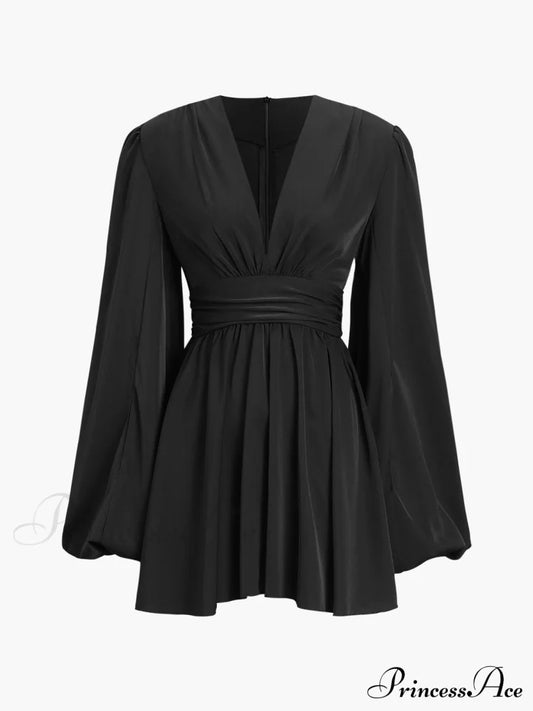 Chiffon Low Cut V-Neck Modern Pleated Zip Mini Dress Dresses