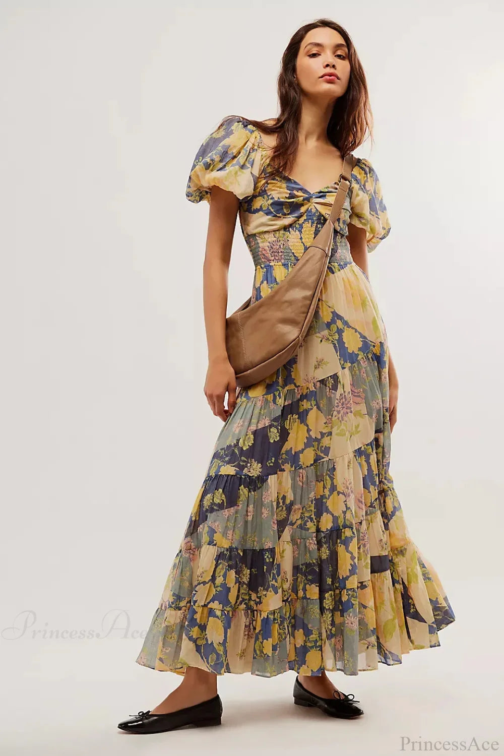 Chiffon Maxi Dress Floral Print Puff Sleeve APRICOT / S bohodress-250126