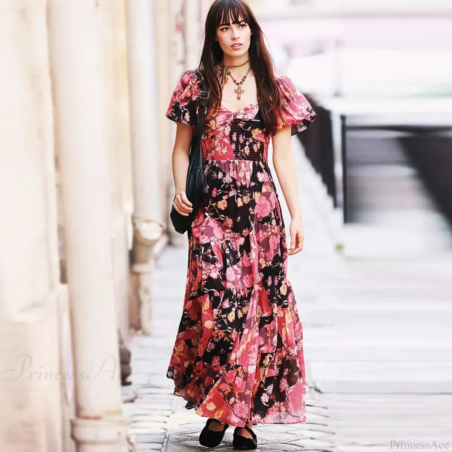 Chiffon Maxi Dress Floral Print Puff Sleeve bohodress-250126