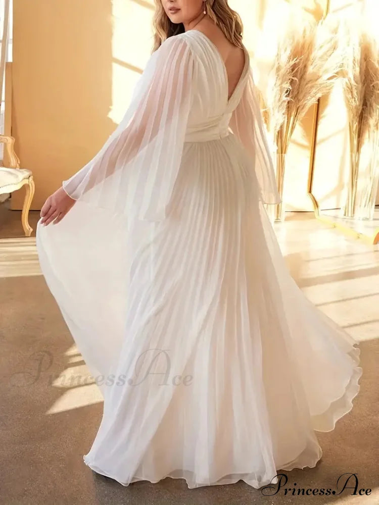 Chiffon Pleats Maxi V Neck Dress - Long Sleeve 2Xl / Pink Champagne Chiffon Dress