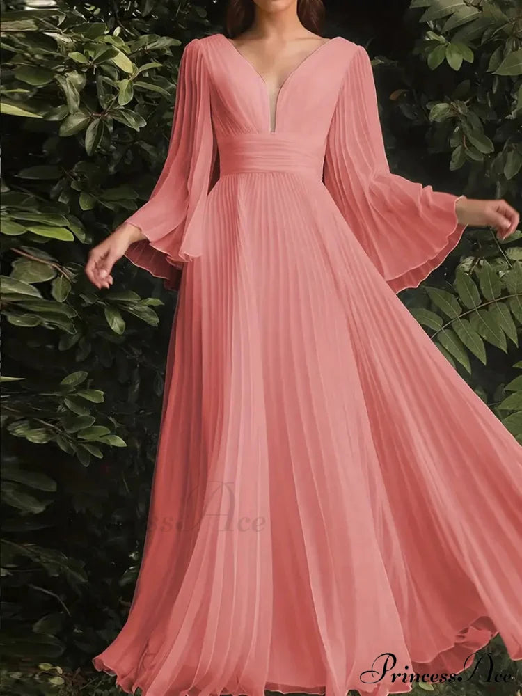 Chiffon Pleats Maxi V Neck Dress - Long Sleeve Xl / Champagne Champagne Chiffon Dress