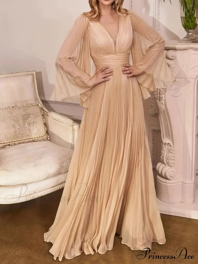 Chiffon Pleats Maxi V Neck Dress - Long Sleeve Xl / Pink Champagne Chiffon Dress