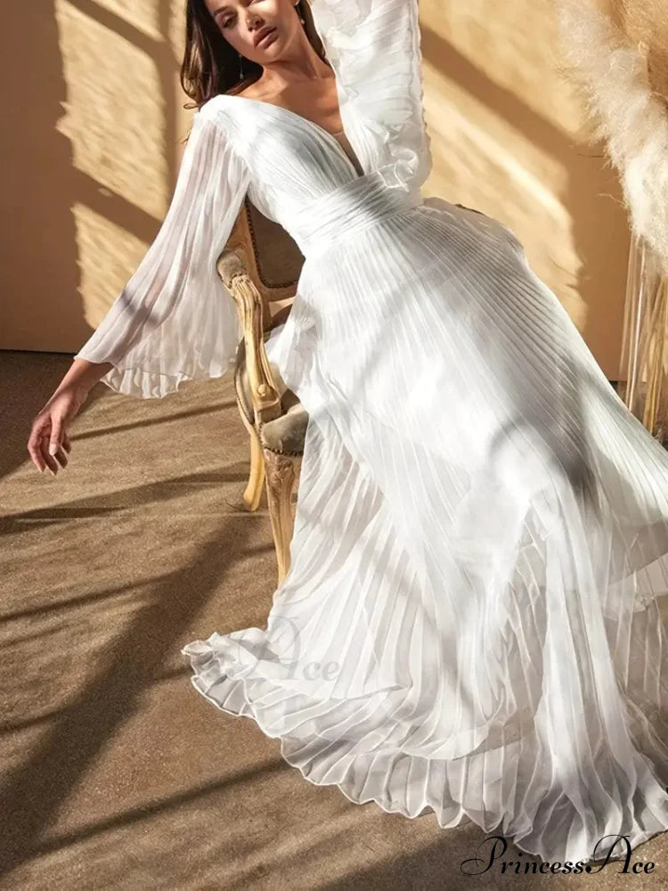 Chiffon Pleats Maxi V Neck Dress - Long Sleeve Xl / Red Champagne Chiffon Dress