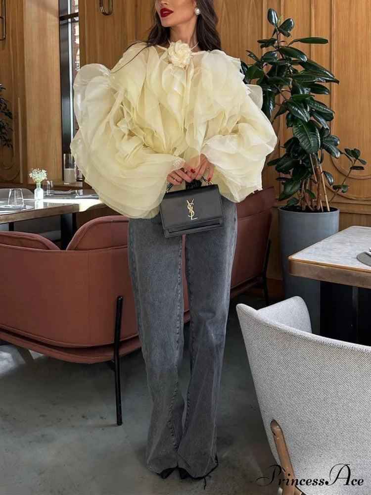 Chiffon Ruffled Graceful Crew Neck Blouse Blouses