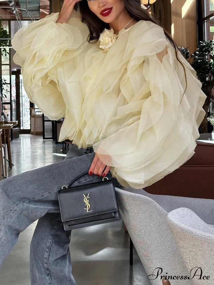 Chiffon Ruffled Graceful Crew Neck Blouse Blouses