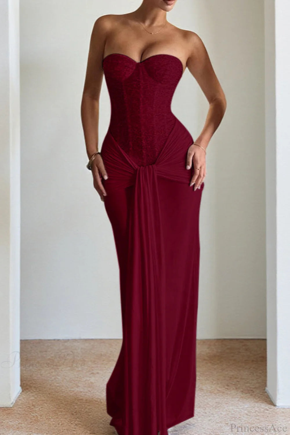 Chiffon Sash Strapless Fitted Maxi Dress Burgundy / S