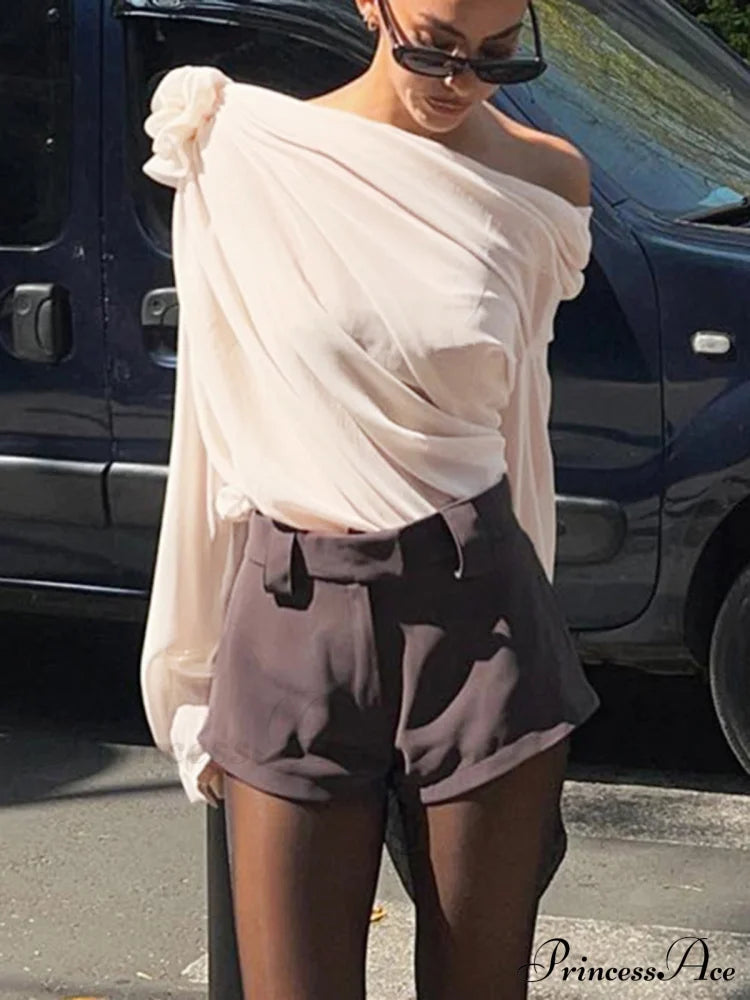 Chiffon Semi-Sheer One Trendy Shoulder Asymmetrical Top Shirts
