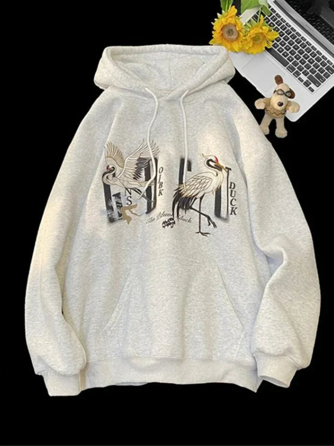 Chinese Crane Pullover Hoodie GRAY / M(40-45KG)