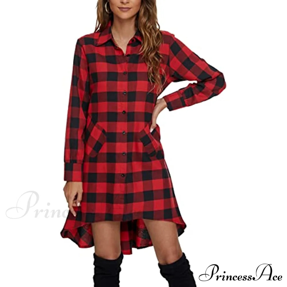 Christmas Plaids V Neck Long Sleeve Irregular Hem Dress