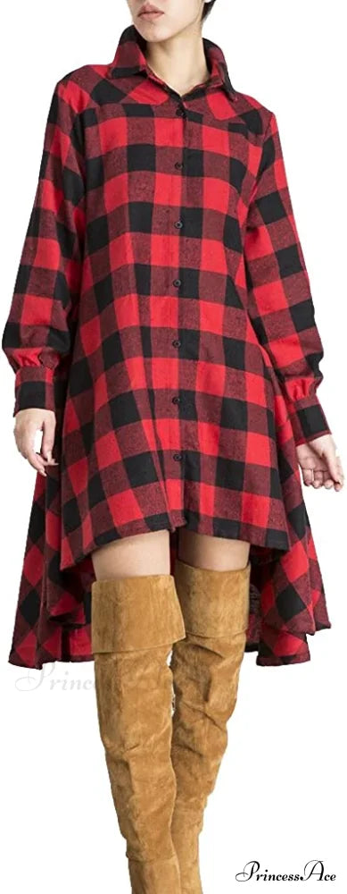 Christmas Plaids V Neck Long Sleeve Irregular Hem Dress Red / Medium