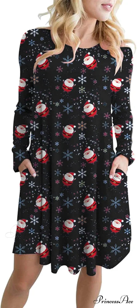 Christmas Print Pullover Flared A Line Dress Snowman Pocket 3 / X-Large