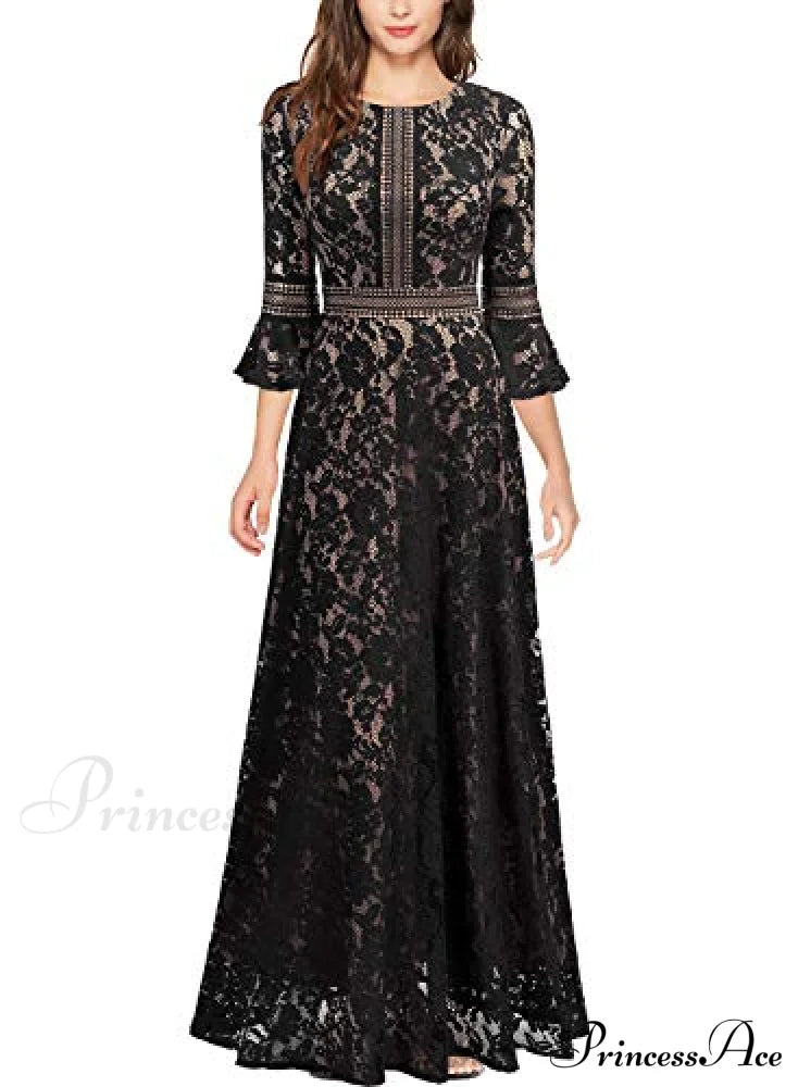 Christmas Vintage Full Lace Contrast Bell Sleeve Formal Long Dress