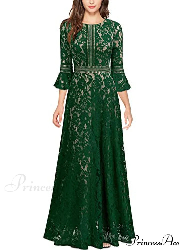 Christmas Vintage Full Lace Contrast Bell Sleeve Formal Long Dress