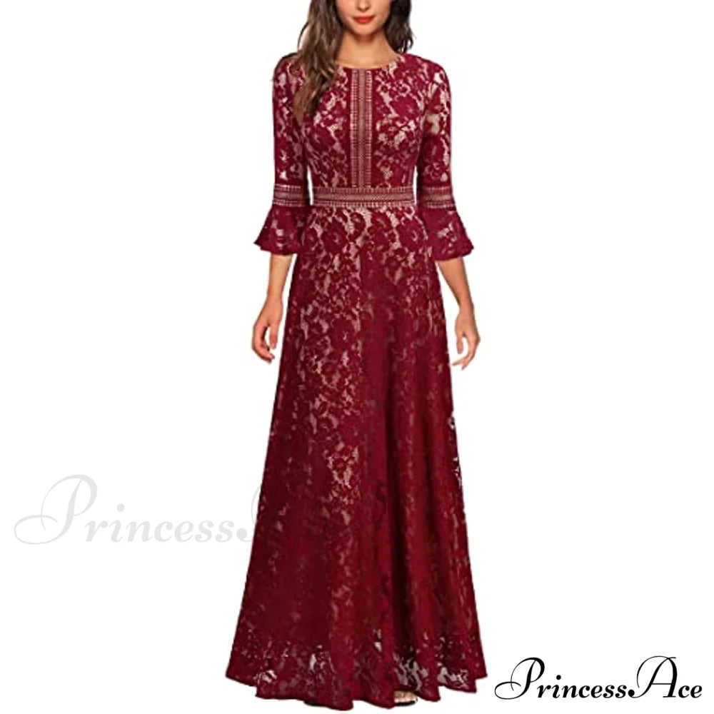 Christmas Vintage Full Lace Contrast Bell Sleeve Formal Long Dress