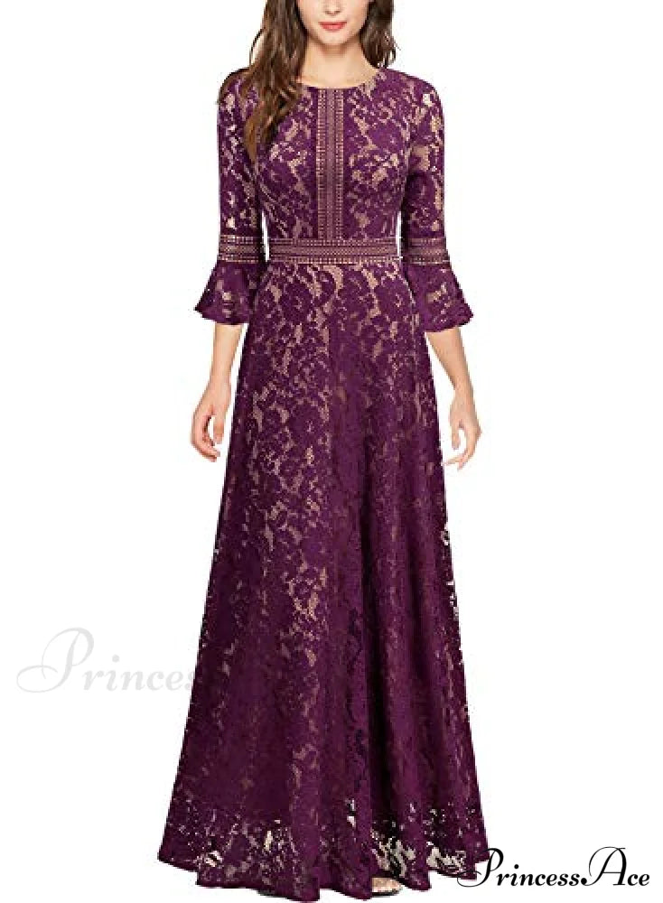 Christmas Vintage Full Lace Contrast Bell Sleeve Formal Long Dress