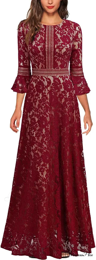 Christmas Vintage Full Lace Contrast Bell Sleeve Formal Long Dress B-Red / Large