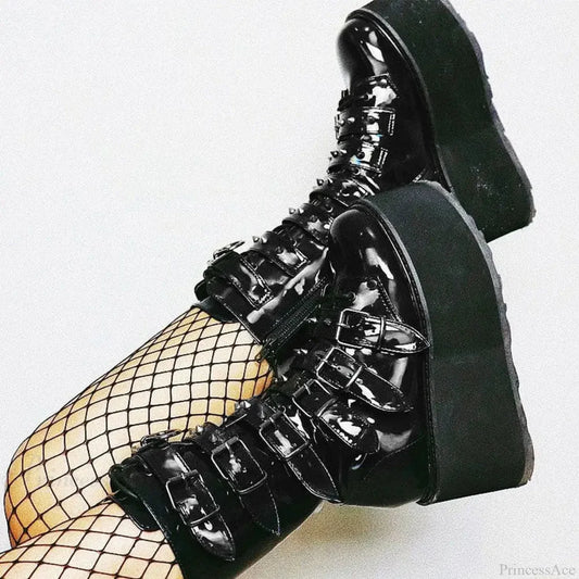 Chunky Heeled Knee High Motorcycle Gothic Boot Bright-Black / 35