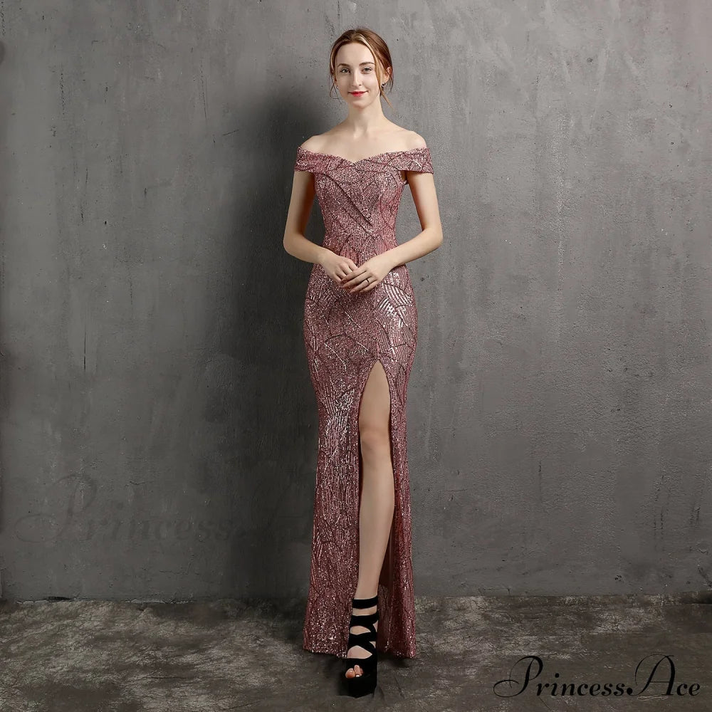 Clara Glitter Off the Shoulder Split Dress For Prom - Lady Occasions