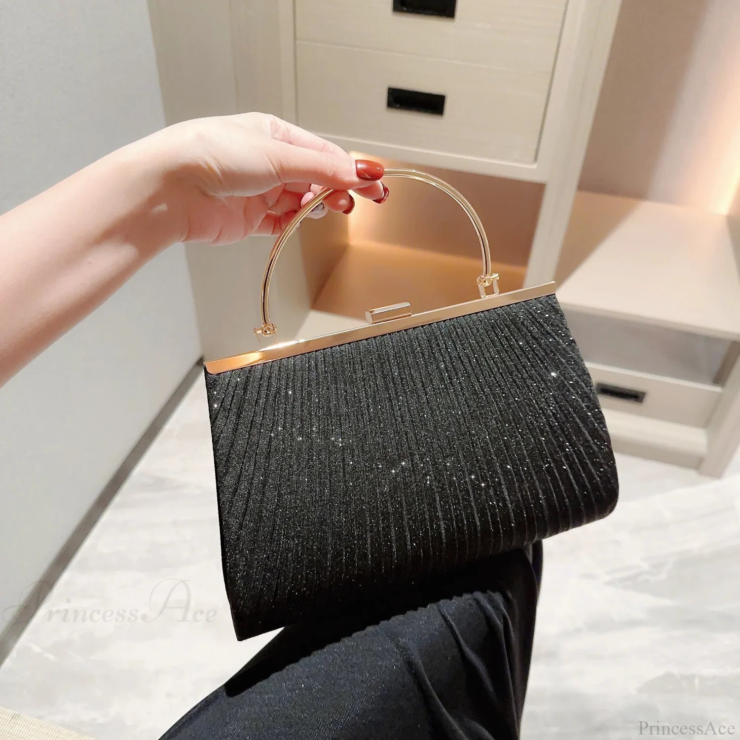 Classic Pleated Evening Bag Sparkling Party Prom Handbag Dress Purse Black / (20cm clutchbag-250126