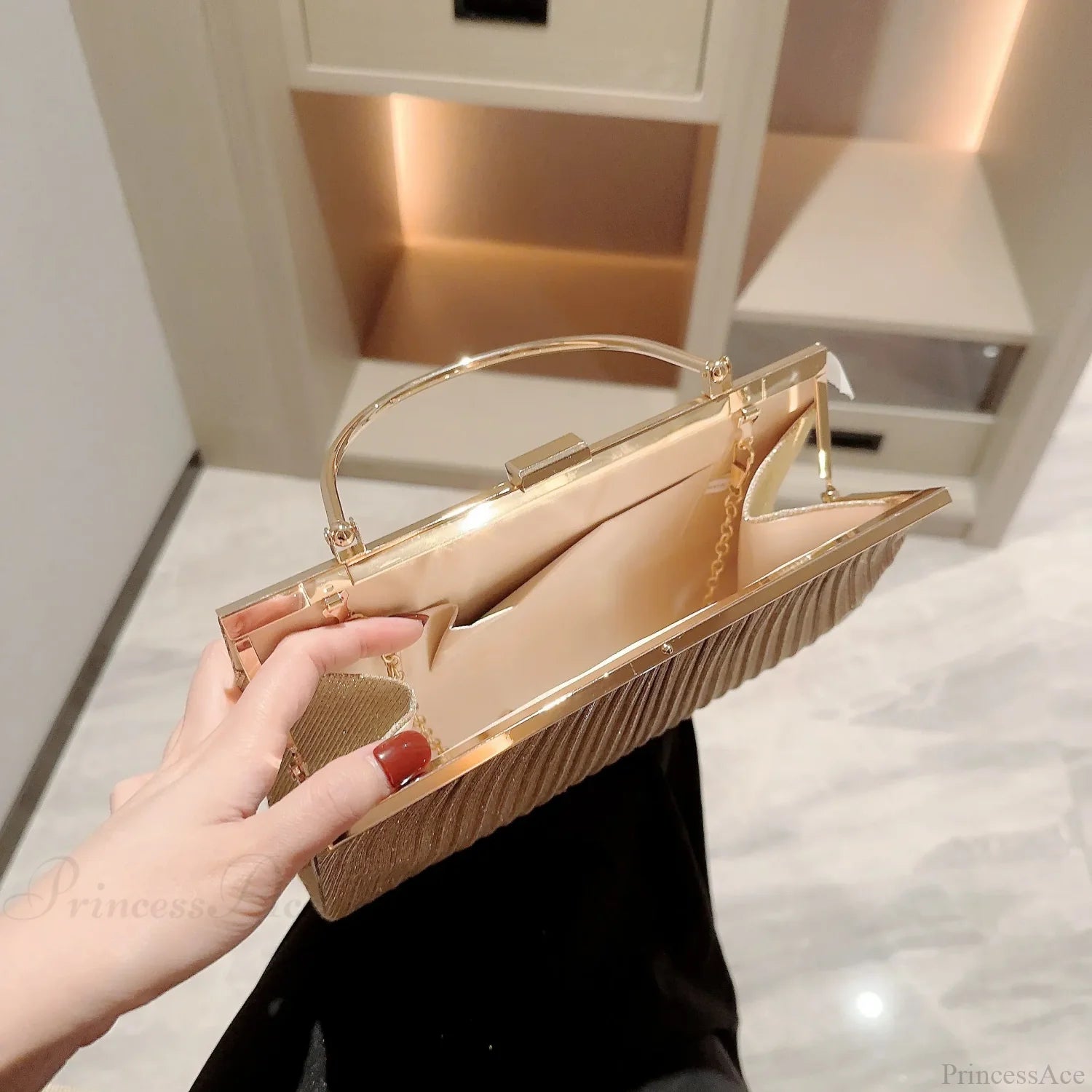 Classic Pleated Evening Bag Sparkling Party Prom Handbag Dress Purse clutchbag-250126