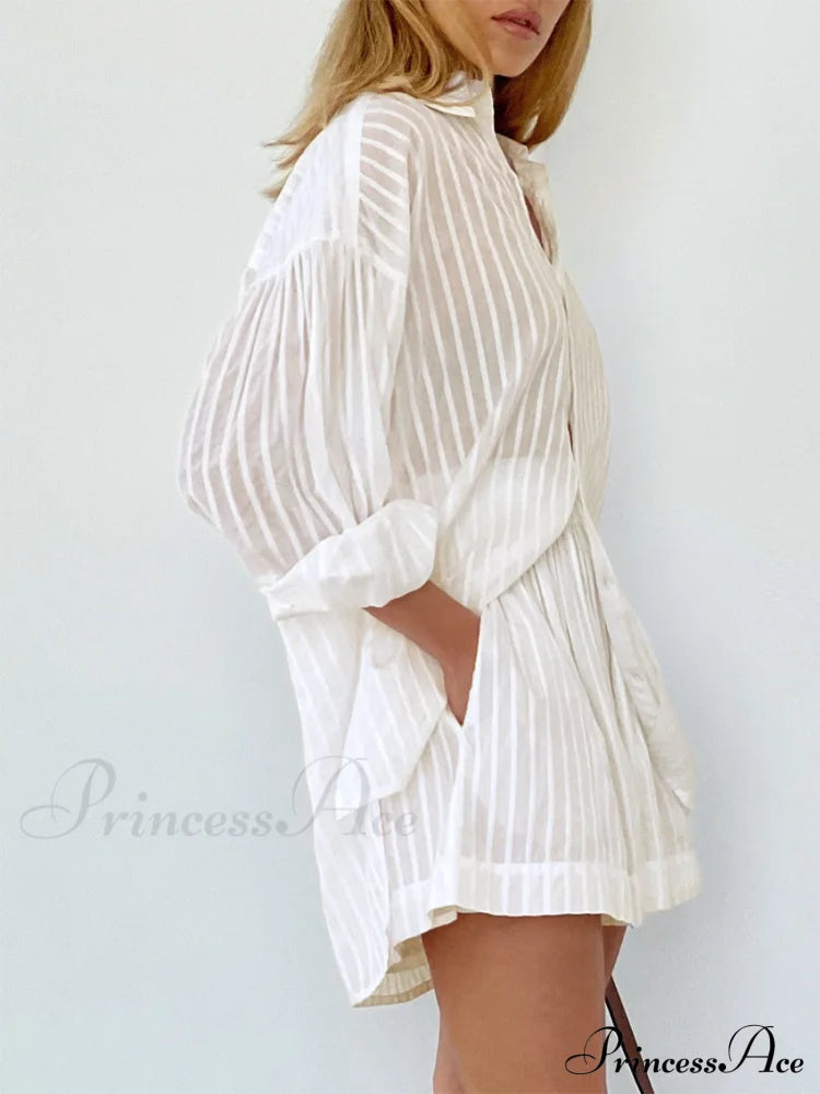 Cloud Nine Pinstripe See Modern Through Two Piece Shorts Set Short Sets