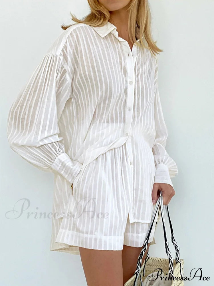 Cloud Nine Pinstripe See Modern Through Two Piece Shorts Set White / Xs Short Sets