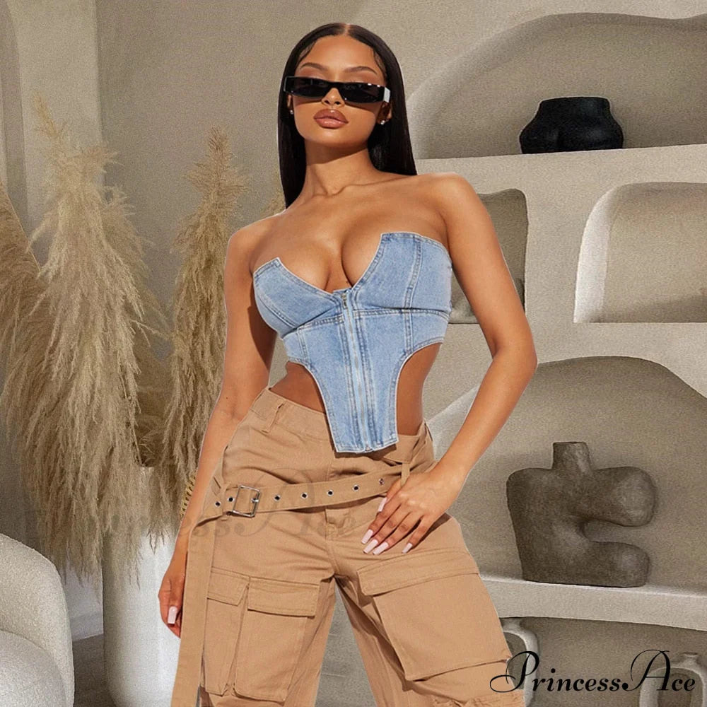 Clubwear Irregular Blue Crop Jeans Tops Warm-Season Denim Party Top Corset Streetwear Zipper Tube