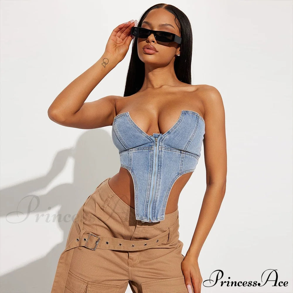 Clubwear Irregular Blue Crop Jeans Tops Warm-Season Denim Party Top Corset Streetwear Zipper Tube