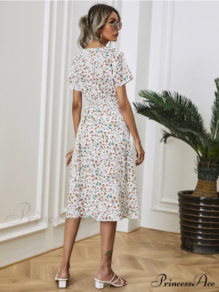 Coastal Short-Sleeved Gown Chiffon V-Neck A-Line Warm-Season Robe Dresses