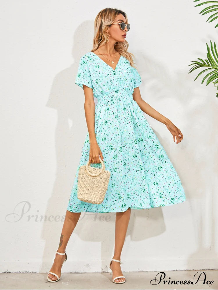 Coastal Short-Sleeved Gown Chiffon V-Neck A-Line Warm-Season Robe L / Red Dresses