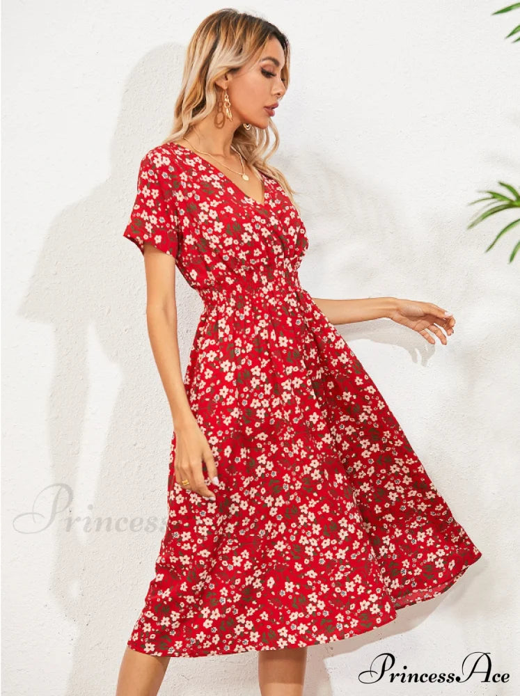 Coastal Short-Sleeved Gown Chiffon V-Neck A-Line Warm-Season Robe M / Red Dresses