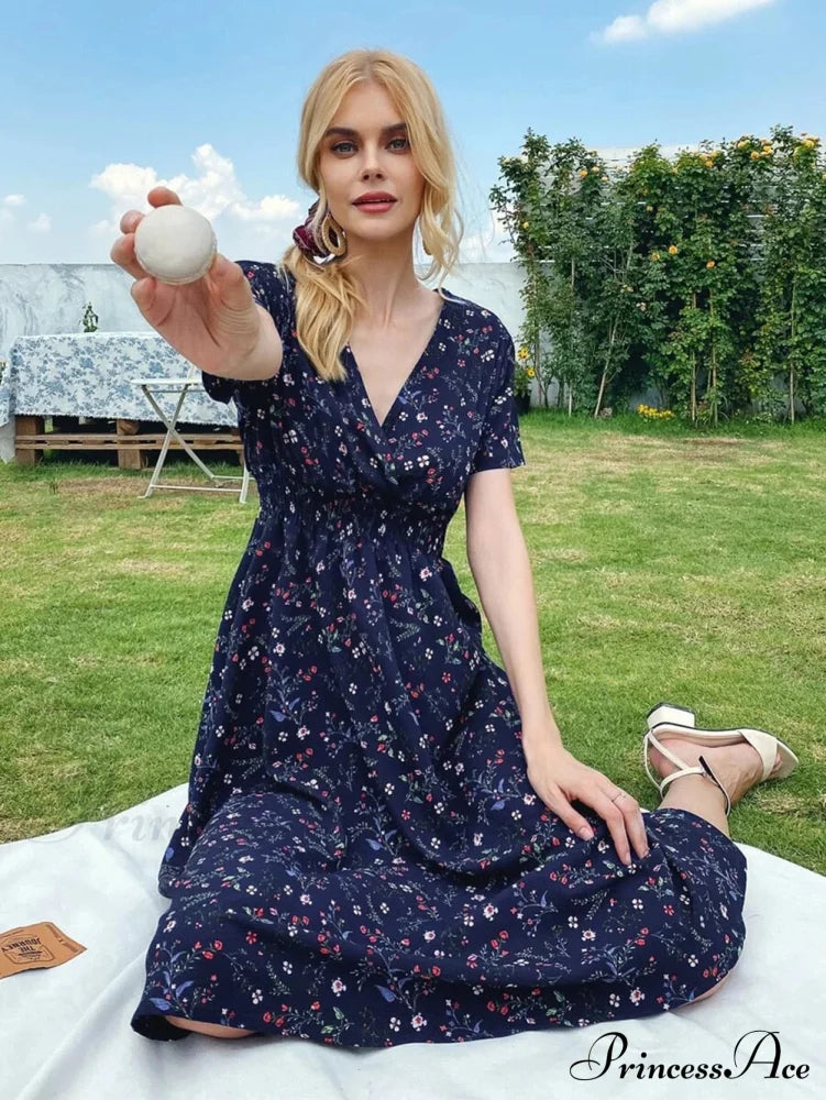 Coastal Short-Sleeved Gown Chiffon V-Neck A-Line Warm-Season Robe S / Pink Dresses