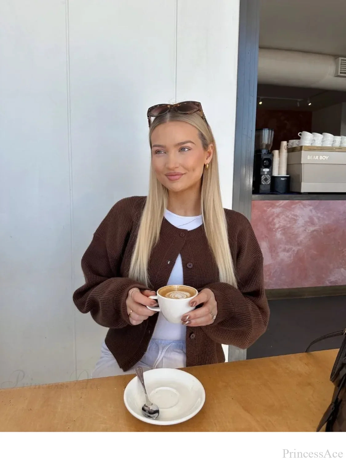 Coffee Color Round Neck Loose Cardigan